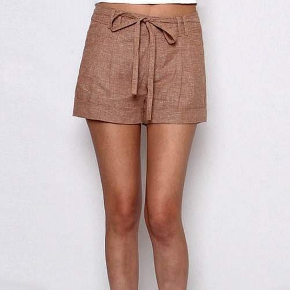 Waist Tie Detail Linen Shorts in Taupe or Khaki - Picture 1 of 2